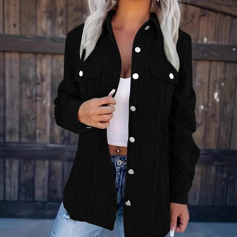 Giacca Camicia in Velluto a Coste da Donna con Bottoni Manica Lunga Revers Casual Tinta Unita Capispalla con Tasche