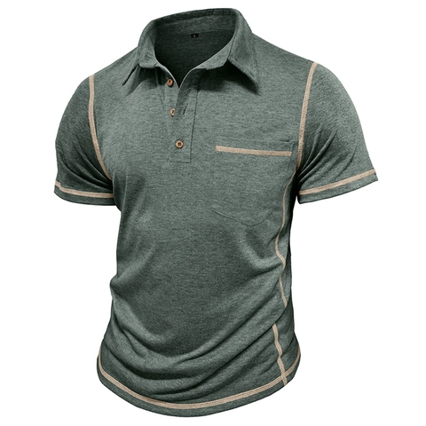 Polo da Uomo American Vintage Cuciture a Contrasto Manica Corta Top Estivo Con Tasca Bottoni in Legno Traspirante Casual