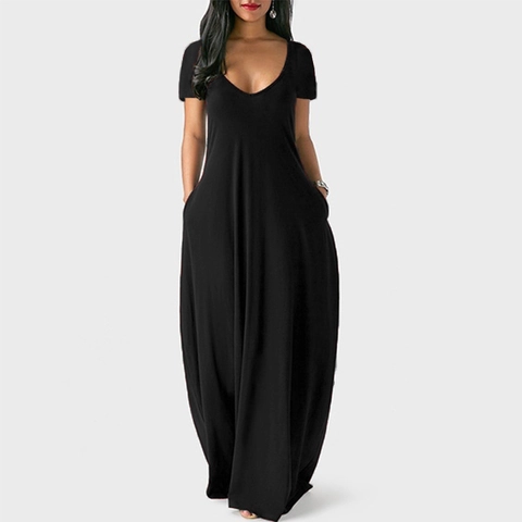Femme Grande Taille Sexy Col en V Manches Courtes Couleur Unie Robe Maxi Lâche Décontracté Grande Évasée Robe Longue Avec Poches Été