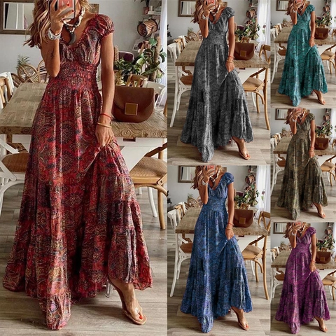 Women's Bohemian Cotton V Neck Short Sleeve Smocked Waist Paisley Floral Print Maxi Dress Summer Holiday Beach Dress