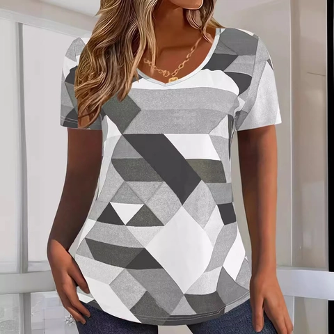 Maglietta Casual in Poliestere da Donna Stampa Geometrica Girocollo Manica Corta Top Largo Pullover Moda Estiva