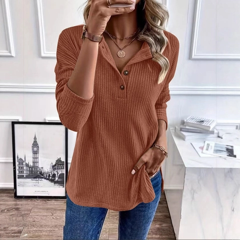 Women Casual Rabbit Hair Ribbed Knit Sweater Henley Neck Long Sleeve Top Loose Button Pullover Pullover Clothing