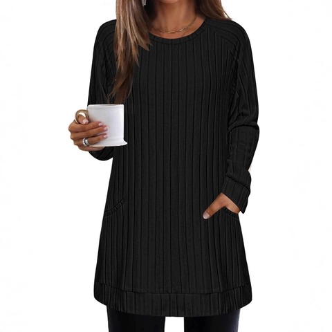 Damen Casual Gerippter Strickpullover Rundhals Langarm Pullover Tunika Oberteil Mit Taschen Einfarbig Herbst Winter Komfort Bekleidung