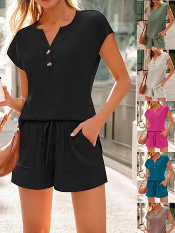 Ensemble T-Shirt Casual à Col V et Short à Cordon pour Femmes Tenue d'Été Ample Deux Pièces Loungewear