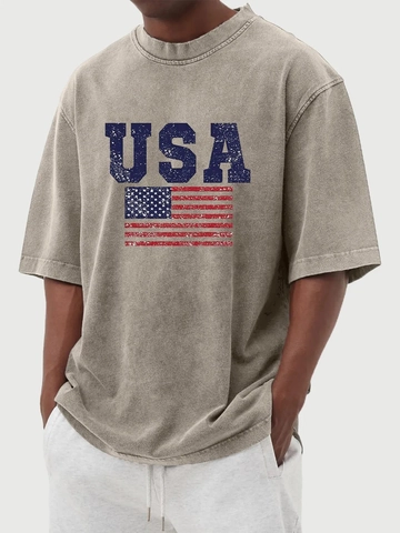 T-Shirt Oversized Vintage Délavé pour Hommes Coton Épais Imprimé Drapeau USA Épaules Tombantes Décontracté Large Manches Courtes