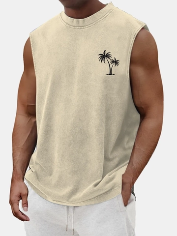 Men's Vintage Washed Loose Casual Tank Top Pure Cotton Summer Sleeveless Shirt Palm Tree Print Basic Fitness Gym Vest