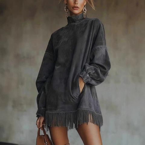 Suede Texture Midi Dress With Fringe Tassel Hem High Neck Long Sleeve Loose Fit Casual Streetwear For Women Solid Color