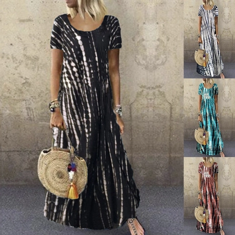 Abito Maxi da Donna Casual Stampa Tie-Dye Estivo Girocollo Manica Corta Ampio Taglie Forti Bohemian Vacanza