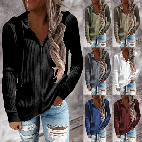 Women's Casual Ribbed Knit Zip Up Hoodie Sweatshirt Solid Color Patchwork Long Sleeve Hooded Sweater Jacket Top