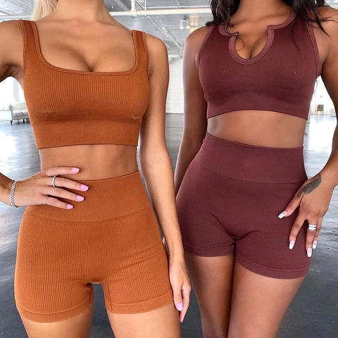 Completo Sopra e Sotto da Donna per Allenamento in Misto Cotone Poliestere a Costine Yoga Palestra Canotta e Pantaloncini a Vita Alta Sportivi