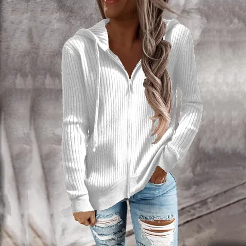 Women's Casual Ribbed Knit Zip Up Hoodie Sweatshirt Solid Color Patchwork Long Sleeve Hooded Sweater Jacket Top