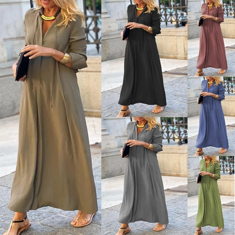Damen Lässig Baumwollmischung Einfarbig V-Ausschnitt Langarm Hemd Maxi Kleid Lose Großer Schwung Tasche Kaftan Kleid Für Urlaub