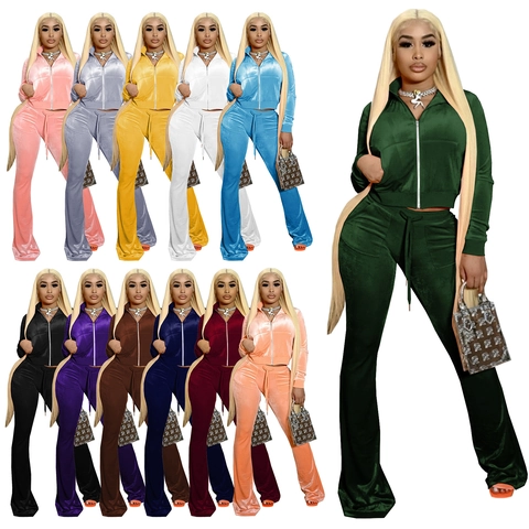 Damen Samt Zweiteiler Set Reißverschluss Crop Hoodie Top Und Schlaghose Einfarbig Passendes Trainingsanzug Set Für Frauen