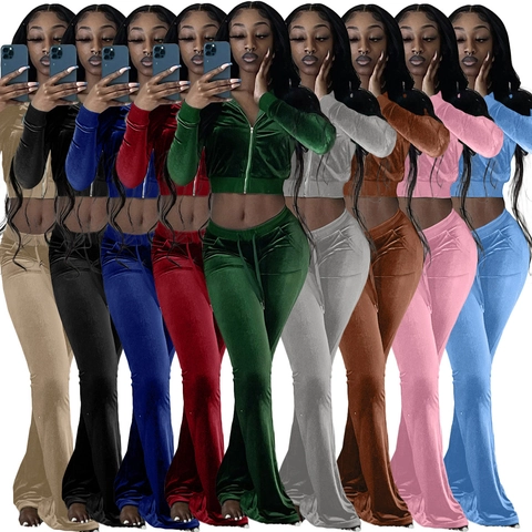 Damen Samt Zweiteiler Set Reißverschluss Crop Hoodie Top Und Schlaghose Einfarbig Passendes Trainingsanzug Set Für Frauen