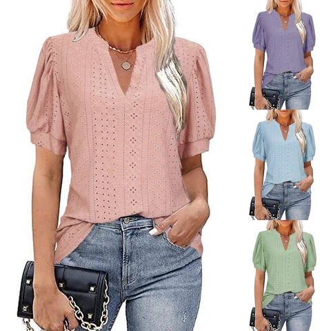 Women V-Neck Eyelet Embroidery Puff Sleeve T-Shirt Casual Loose Hollow Out Short Sleeve Top Solid Color Polyester Blouse
