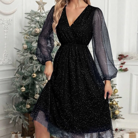 Women's Elegant V-Neck Long Sleeve Spliced Mesh Glitter Midi Dress Party Evening Dress