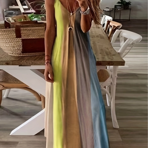Women's Summer Maxi Dress Casual V-Neck Sleeveless Gradient Colorful Stripe Print Spaghetti Strap Bodycon Long Sundress