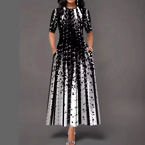 Women Casual Gradient Positioning Print Maxi Dress Round Neck Short Sleeve Splicing Loose Elegant Summer One Piece Dress