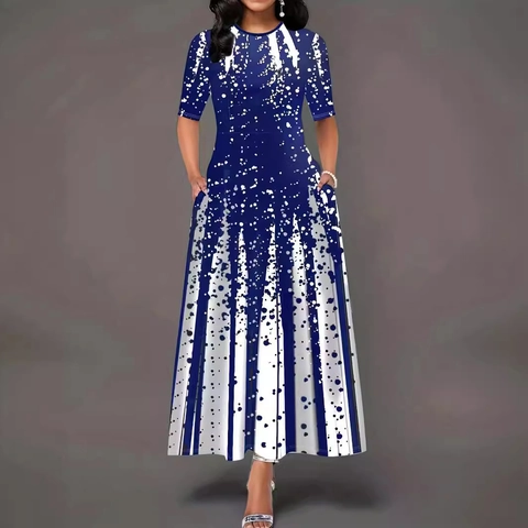 Women Casual Gradient Positioning Print Maxi Dress Round Neck Short Sleeve Splicing Loose Elegant Summer One Piece Dress