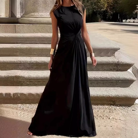 Women Elegant Round Neck Sleeveless Maxi Dress Twist Knot Waist Spliced Casual Party Evening Long Dress Polyester Clothing