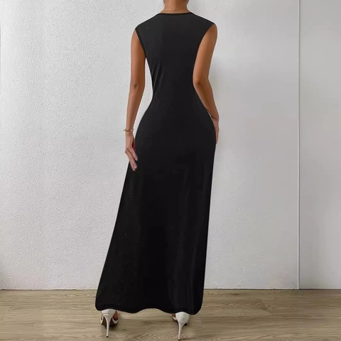 Women Elegant Round Neck Sleeveless Maxi Dress Twist Knot Waist Spliced Casual Party Evening Long Dress Polyester Clothing