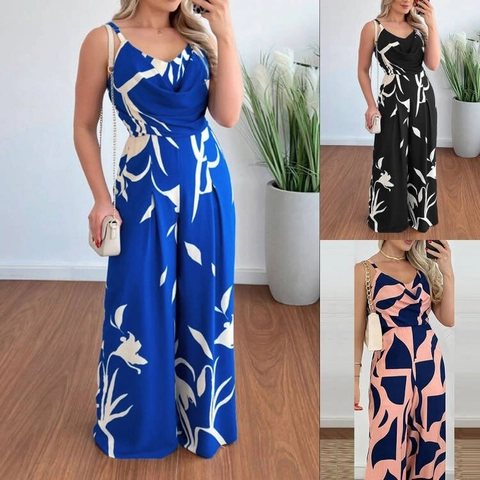 Women Casual Sleeveless Jumpsuit Floral Print Wide Leg Pant Summer V Neck Backless Adjustable Strap Fashion Romper