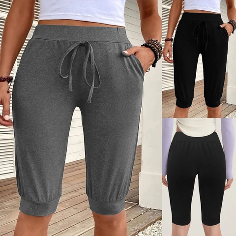 Women's Solid Color Casual Capri Pants Slim Fit Straight Leg Yoga Sports Pants With Pockets Drawstring Soft Polyester Spandex Leisure Bottoms