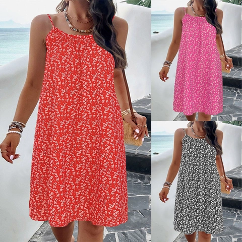 Abito Midi da Donna Estivo con Stampa Floreale e Spalline Sottili Senza Maniche Girocollo Elegante per Vacanze in Spiaggia