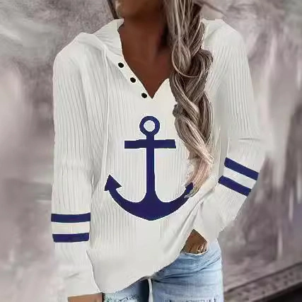 Women Casual Nautical Anchor Printed Hoodie Long Sleeve V-Neck Button Ribbed Pullover Sweatshirt Top For Autumn Winter