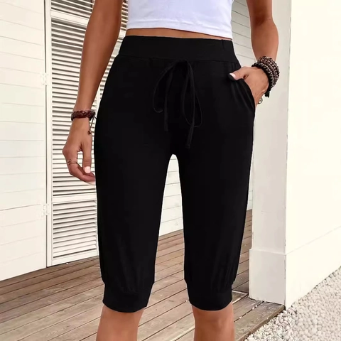Women's Solid Color Casual Capri Pants Slim Fit Straight Leg Yoga Sports Pants With Pockets Drawstring Soft Polyester Spandex Leisure Bottoms