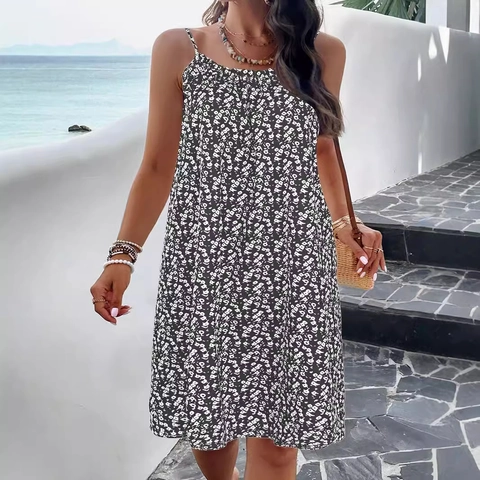 Abito Midi da Donna Estivo con Stampa Floreale e Spalline Sottili Senza Maniche Girocollo Elegante per Vacanze in Spiaggia
