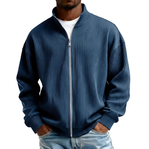 Sudadera de Pana para Hombre con Cuello Alto y Cremallera Textura Acanalada Manga Larga Cárdigan Casual Holgado