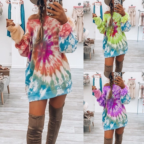 Γυναικείο Oversized Sweatshirt Φόρεμα Tie Dye Μακρυμάνικο Off Shoulder Σπειροειδές Τύπωμα Casual Χειμερινό Τοπ