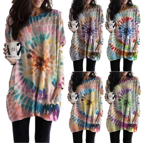 Dames Casual Losse Tie-Dye Sweatshirt Jurk Met Lange Mouwen En Zakken Ronde Hals Vleermuismouwen Oversized Pullover Tuniek