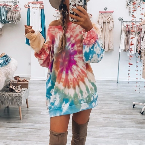 Γυναικείο Oversized Sweatshirt Φόρεμα Tie Dye Μακρυμάνικο Off Shoulder Σπειροειδές Τύπωμα Casual Χειμερινό Τοπ