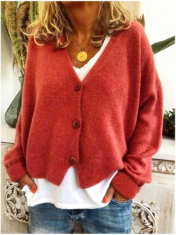 Damen Casual V-Ausschnitt Strickjacke Locker Oversized Knöpfe Langarm Einfarbig Baumwollmischung Pullover Strickjacke