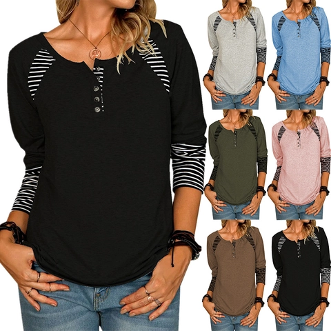 Damen Casual Langarm Henley Shirt Raglanärmel Gestreift Gespleißt Locker Baumwollmischung Rundhals Knopf Vorne Top