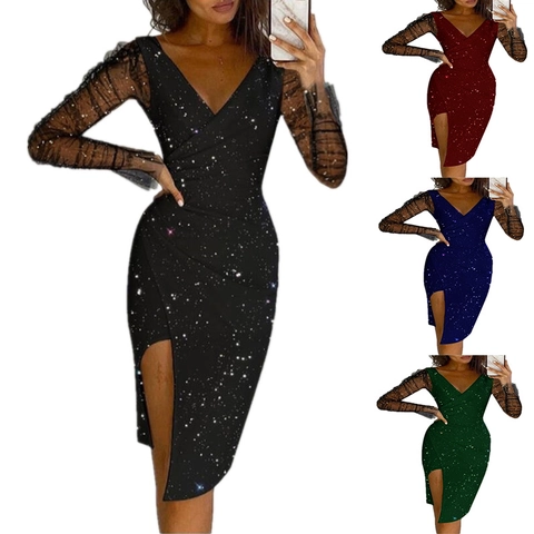 Women Sexy V Neck Sequin Bodycon Dress Mesh Patchwork Long Sleeve Rhinestone High Slit Evening Party Gown