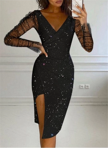 Women Sexy V Neck Sequin Bodycon Dress Mesh Patchwork Long Sleeve Rhinestone High Slit Evening Party Gown