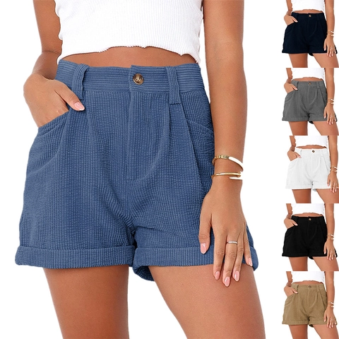 Pantaloncini da Donna Casual a Vita Alta in Velluto a Coste Tinta Unita Pantaloni Corti Larghi Con Tasche e Orlo Arrotolato