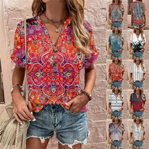 T-Shirt Femme Boho Col en V Manches Courtes Imprimé Ethnique Décor de Boutons Haut d'Été Décontracté Ample