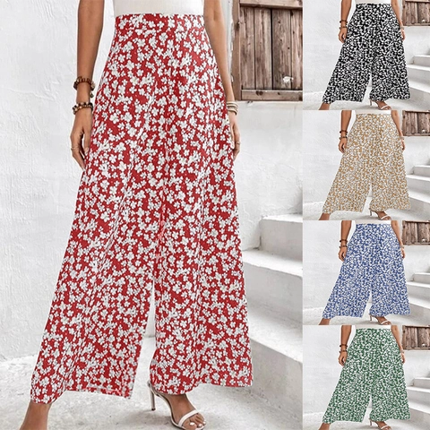Damen Hohe Taille Blumen Weites Bein Hose Sommer Casual Locker Ausgestellt Böhmischen Stil Gesmokte Taille Fließende Lange Hose
