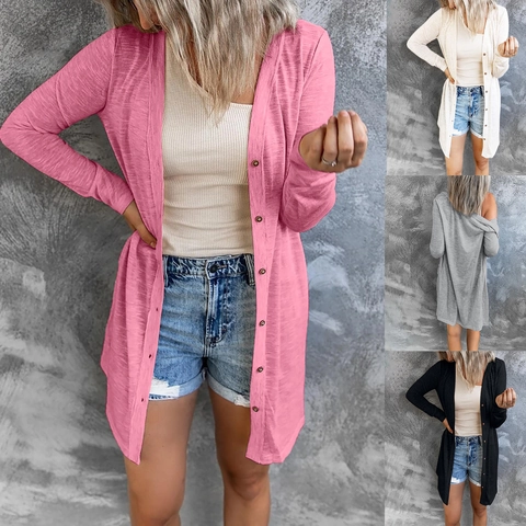 Cardigan da Donna a Manica Lunga Casual Largo Tinta Unita Maglia Top Misto Cotone Morbido Cardigan Lungo Abbottonato per Donna