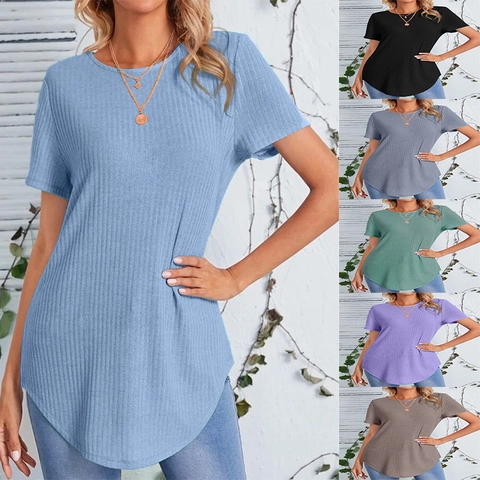 Women's Casual Ribbed Knit Short Sleeve T-Shirt Loose Fit Curved Hem Round Neck Back Button Solid Color Summer Top