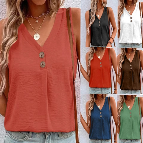 Dames Casual V-hals Mouwloze Tanktop Met Decoratieve Knopen Effen Kleur Losse Zomer Katoenmix Vest Shirt