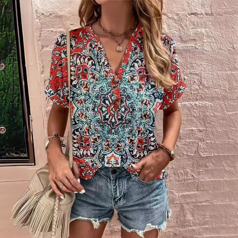 T-Shirt Femme Boho Col en V Manches Courtes Imprimé Ethnique Décor de Boutons Haut d'Été Décontracté Ample