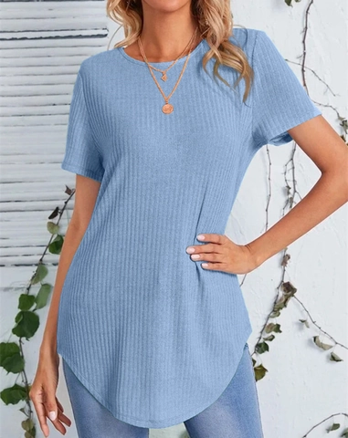 Women's Casual Ribbed Knit Short Sleeve T-Shirt Loose Fit Curved Hem Round Neck Back Button Solid Color Summer Top
