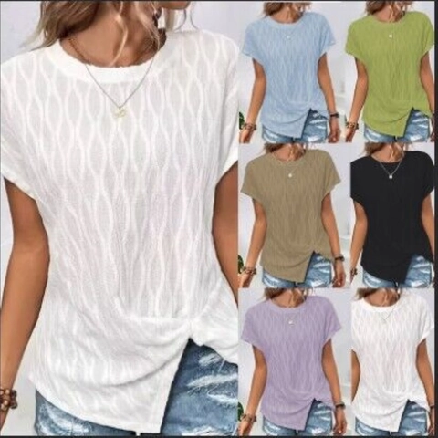 Women Casual Loose T-Shirt Batwing Short Sleeve Round Neck Wave Texture Solid Color Asymmetric Knot Hem Fashionable Top