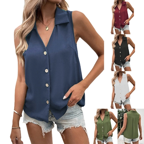 Women Summer V-Neck Sleeveless Chiffon Blouse Loose Button Down Vest Shirt Casual Solid Color Lightweight Office Top