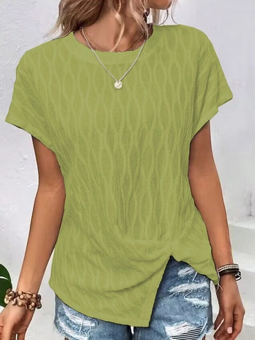 Women Casual Loose T-Shirt Batwing Short Sleeve Round Neck Wave Texture Solid Color Asymmetric Knot Hem Fashionable Top